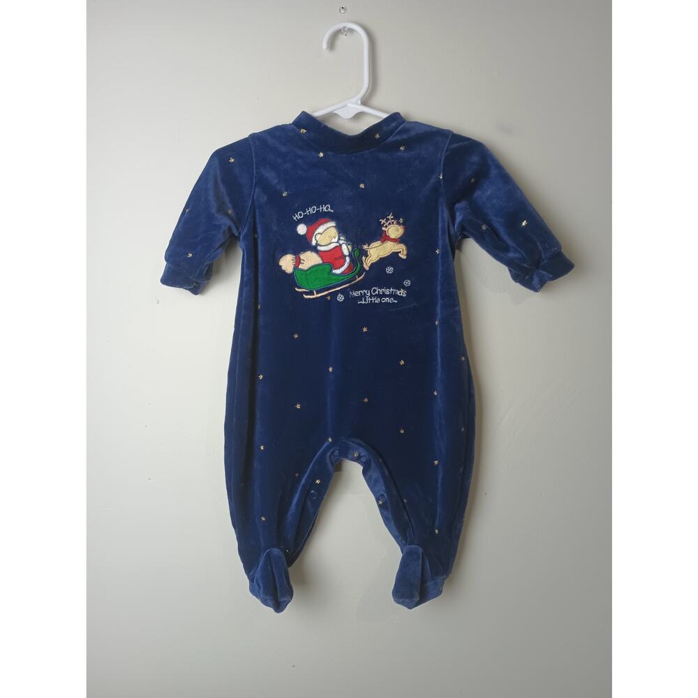 Vtg Santa Reindeer Slay Xmas Fleece Sleeper Small Steps Infant 0-3M Snaps Blue